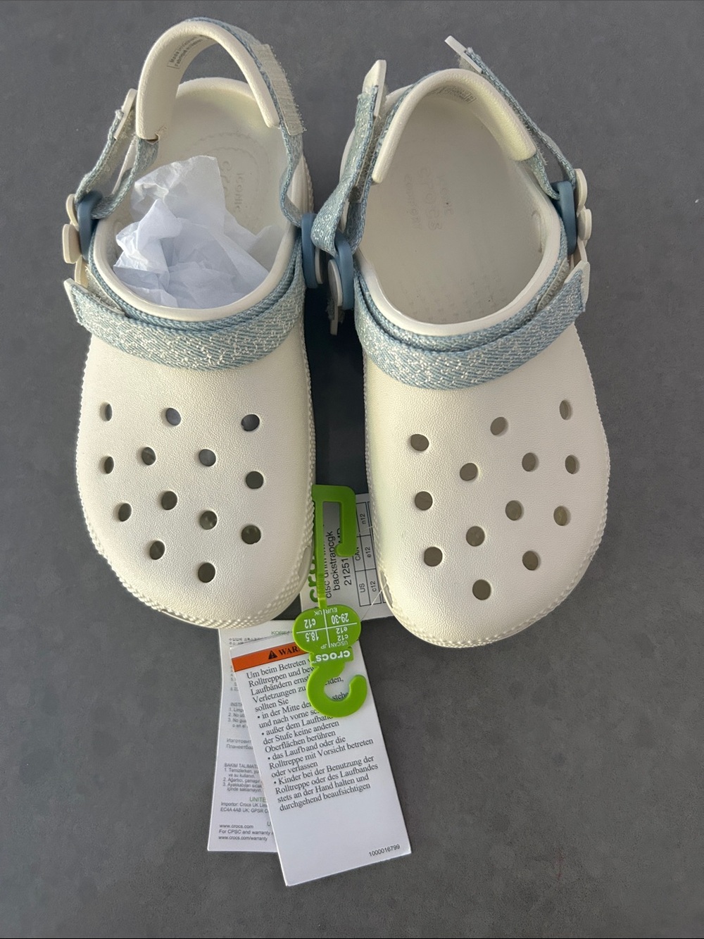 NWT girls white Crocs with denim detail